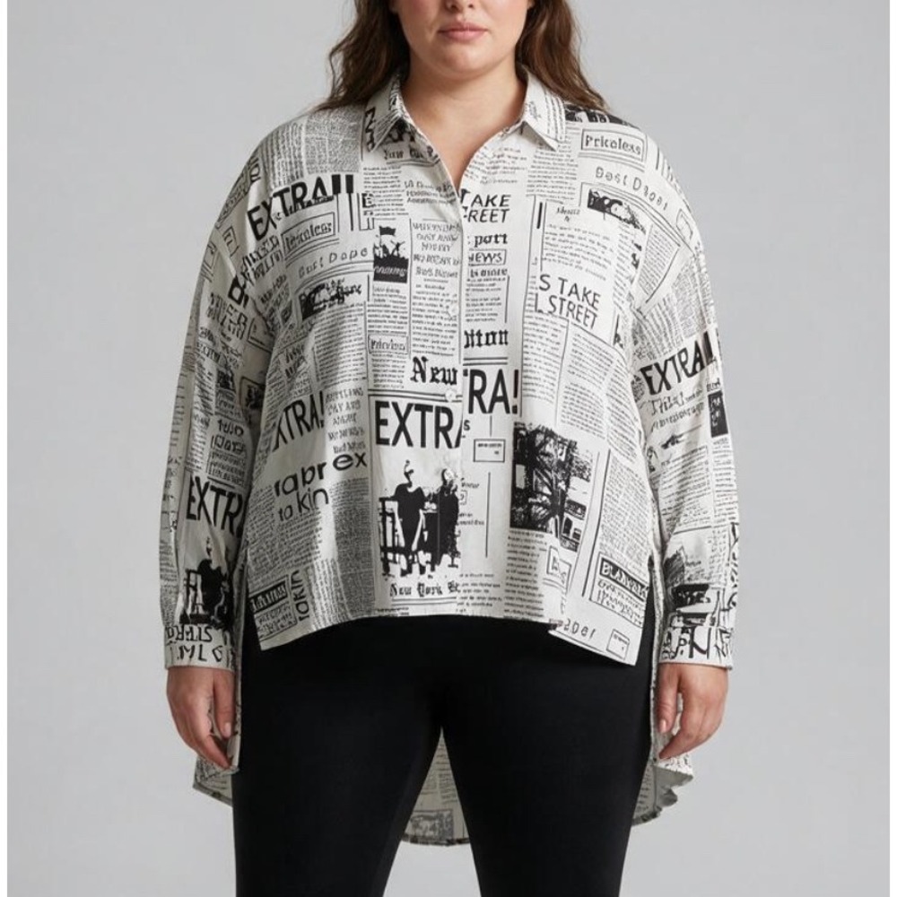 SHEIN PLUS SIZE Newspaper Print HI-LOW TOP BLOUSE Black/White Silky Flowy XXL/2X